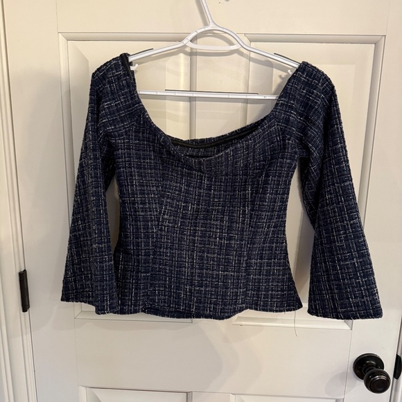 New! Zara Off The Shoulder Square Neckline Top Blue Black Tweed 31940 - Picture 8 of 13